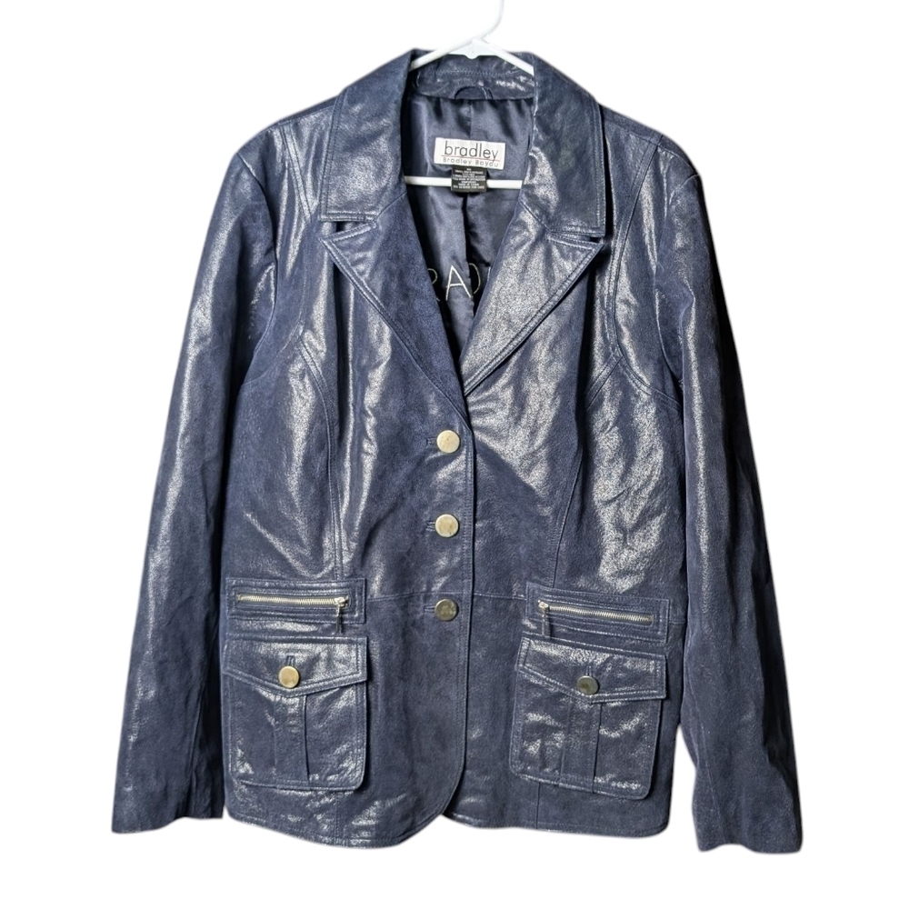 Bradley Bayou Leather Genuine Women's XL Metallic Blue Jacket Button Long Sleeve